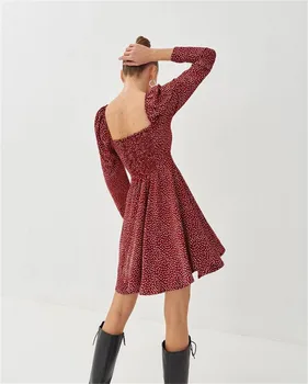 Bohemijos Moteris Rudens-Žiemos Dress Ponios Kvadratinių Kaklo Sluoksniuotos Rankovėmis Atsitiktinis prancūzijos Moterų Elegantiškas-line Derliaus Suknelės 2021