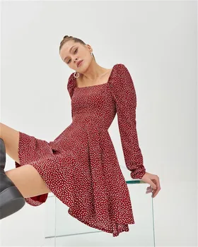 Bohemijos Moteris Rudens-Žiemos Dress Ponios Kvadratinių Kaklo Sluoksniuotos Rankovėmis Atsitiktinis prancūzijos Moterų Elegantiškas-line Derliaus Suknelės 2021