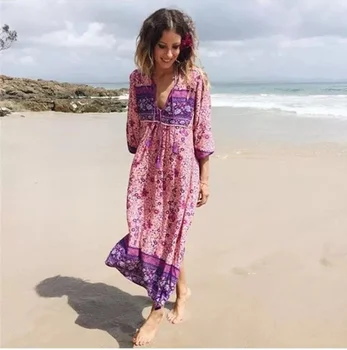 Boho Queens Gėlių spausdinti šikšnosparnių rankovėmis beach nėriniai-up Bohemijos happie suknelė Ponios V kaklo Summer maxi dress vestido