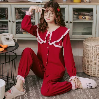 BZEL Cute Lėlės Apykaklės Pižama Rinkinys Moterims Raudona Kieta Namuose Dėvėti Medvilnės Sleepwear Didelio Dydžio Pijama Ponios Ilgai Pižamos Apatiniai