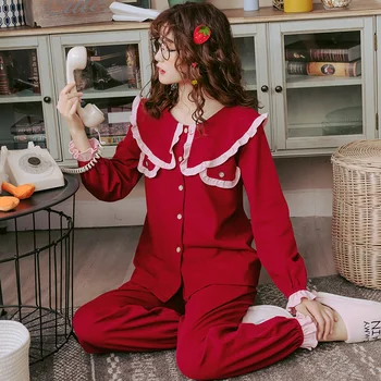 BZEL Cute Lėlės Apykaklės Pižama Rinkinys Moterims Raudona Kieta Namuose Dėvėti Medvilnės Sleepwear Didelio Dydžio Pijama Ponios Ilgai Pižamos Apatiniai
