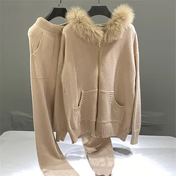 CBAFU dirbtiniais kailiais gobtuvu megztinis kailis megztos kelnės 2 dalių rinkinys moterims rudenį, žiemą megztinius kostiumas susagstomi megztiniai kelnės komplektus M103