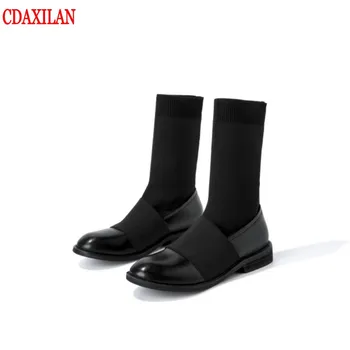 CDAXIALN naujas moterų trumpi batai originali karvės odos su trikotažas susiuvimo mažai kulniukai flta vienintelis Vidurio blauzdos batai žiemą, rudenį
