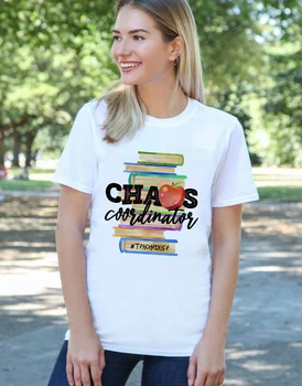 Chaosas Koordinatorius Mokytojas Gyvenime Moterys T Marškinėliai, Knygų Spausdinimas Grafinis Tees Atsitiktinis Juokinga trumpomis Rankovėmis T-shirt Camisetas Mujer Harajuku