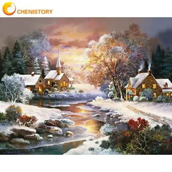 CHENISTORY Tapybos Numerių Komplektai Suaugusiems Kalėdų Saulėlydžio Žiemos Peizažas Naftos Tapyba 