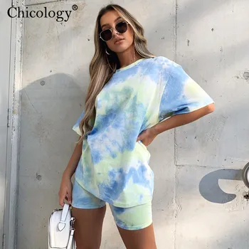 Chicology neon kaklaraištis dažų sportinę atsitiktinis 2 dviejų dalių atitikimo rinkinys moterims pasėlių top aukštos juosmens šortai 2020 metų vasaros rudens drabužiai