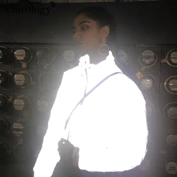 Chicology Y2K Flash Atspindintis Kamšalu Parko Moterų Stora Striukė 2020 M. Žiemą, Rudenį Chalatą ilgomis Rankovėmis Zip Iki Pasėlių Viršuje Streetwear