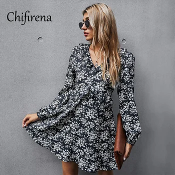 Chifirena Elegantiškas Mados Gėlių Spausdinti Moterų Suknelė Rudenį Ilgomis Rankovėmis Raukiniai Mini Suknelės Aukšto Juosmens Nereguliarus-Line Vestidos