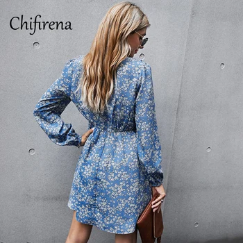 Chifirena Elegantiškas Mados Gėlių Spausdinti Moterų Suknelė Rudenį Ilgomis Rankovėmis Raukiniai Mini Suknelės Aukšto Juosmens Nereguliarus-Line Vestidos