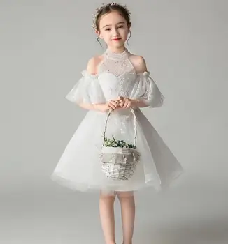 China Karoliukų, Tiulio Balta Nėrinių Gėlių Mergaitės Suknelė Krikštynų Suknelė Už Šalis Vestuvių Inscenizacija Suknelė Vaikų Mergaičių Drabužiai Princesė