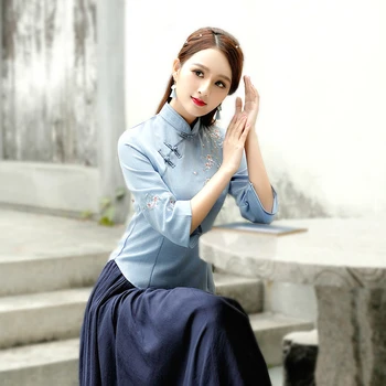 Chinois Viršūnes Camisa Kinija Mujer Kostiumas Cheongsam Palaidinė Vetement Arbatos Kostiumas-suknelė Tradicinės Kinų Apranga Moterims Marškinėliai Qipao