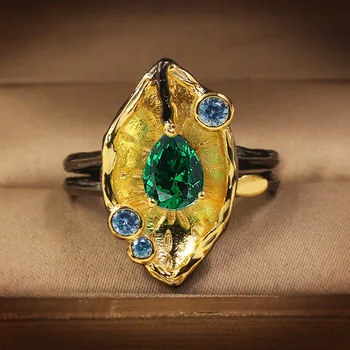 CIZEVA Originalaus Dizaino Smaragdas Derliaus 925 Sterlingas Sidabro Vestuviniai Žiedai, Moterų Perdėtai Lotus Lapų Žiedas Italija Papuošalai