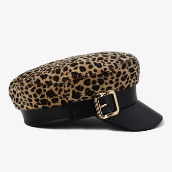 COKK Beretė Kepurės Ponios Mados Leopardas Spausdinti Beretė Skrybėlės Moterims Butas Kepurės Moterų Karinė Bžūp Aukso Spalvos Sagtis Boina Feminina