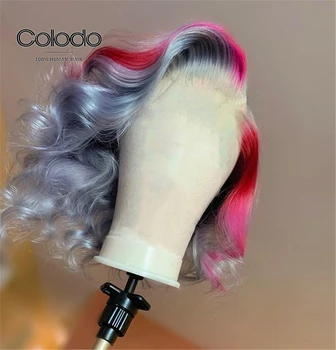 COLODO Brazilijos Remy Trumpas Žmogaus Plaukų Perukas Ombre Mėlynos spalvos Nėriniai Priekiniai Perukas 13x4 Prieš Nupeštos Žalia Violetinė Pabrėžti Nėrinių Perukai Moterims