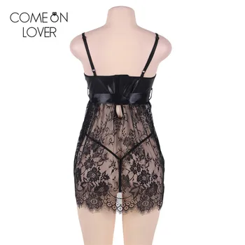 Comeonlover 7XL Suknelė+g-string + sexy diržas sleepwear apatinis trikotažas juoda nėrinių gėlių erotika pižamą camisola seksualus apatinis trikotažas RE80456