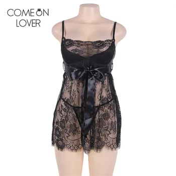 Comeonlover 7XL Suknelė+g-string + sexy diržas sleepwear apatinis trikotažas juoda nėrinių gėlių erotika pižamą camisola seksualus apatinis trikotažas RE80456