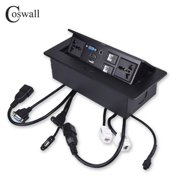COSWALL Metalinis korpusas Lėtai POP-UP Paslėptų 2 Universalus Lizdas Lentelė Lizdo 2 RJ45 CAT6+ HDMI suderinamus + USB + VGA + 3.5 mm Audio