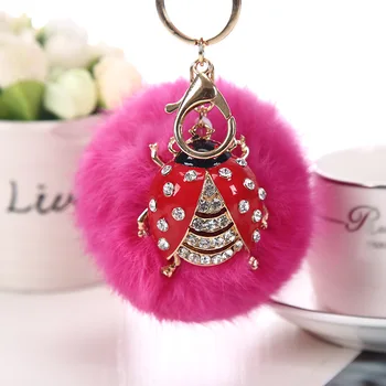 Crystal Biedronka Pompom maišelį Keychain Realių Triušio Kailio kamuolys paketų prižiūrėtojų raktinę Moters, Mergina, Žavesio moterų reikmenys Valentino Dieną