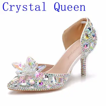 Crystal Karalienė Bling Bling Akmenų, Stiklo Stiletto Kulniukai Seksualus Pažymėjo Tne Nuotakos Siurbliai Diamond Vestuvių Batai Moterų Sandalai 7CM