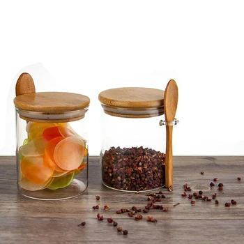 Cukraus Dubuo su Bambuko Dangteliu ir Šaukštu Išvalykite Stiklo Filtro Jar Virtuvės Storag P9YB