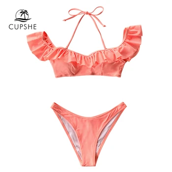 CUPSHE Kietas Rožinė Susiėmę Apynasrio Thong Bikini Rinkiniai, Seksualus Off-Pečių maudymosi kostiumėlį Dviejų dalių maudymosi Kostiumėliai Moterims, 2021 Paplūdimio Maudymosi Kostiumai