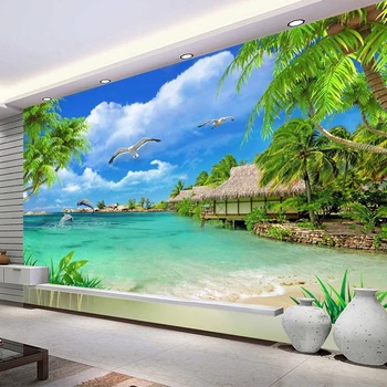 Custom 3D Foto Tapetai Beach Sea View Kokoso palmių Dekoracijos, Sienų Tapyba Gyvenamasis Kambarys su Sofa-lova, TV Foną, Freskos Sienos Popieriaus