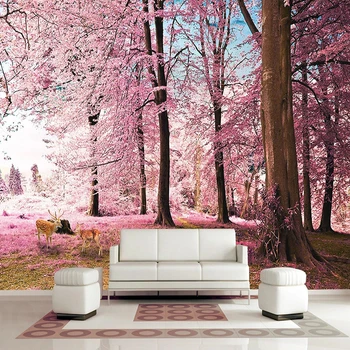 Custom 3D Tapetai Pink Cherry Tree Dekoracijos Miško Elnias Freskos Kambarį Miegamojo Romantiškas Namų Dekoro Papel De Parede Tapetai