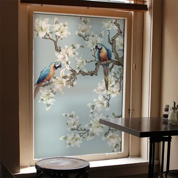 Custom blue gėlių, paukščių modelis ne klijais, elektrostatinis stiklo plėvelė, vonios kambarys, balkonas langas gėlių lipdukas parduotuvė langų plėvelė