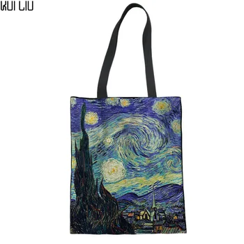 Customzied Klasikinis Drobės Rankinė, Pirkinių Krepšys Mergina Ekologinio Daugkartinio naudojimo, Sulankstomas Moterų Pečių Maišą Vincent van Gogh Žvaigždėtą Naktį Spausdinti