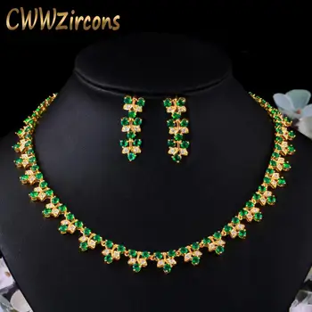 CWWZircons Elegantiškas Afrikos, Nigerijos Geltona Aukso Spalva Žalia Kubinis Cirkonis Moterų Vestuvių Karoliai Nuotakos Suknelė Papuošalų Rinkiniai T475
