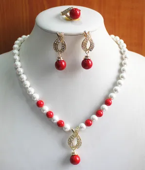 Dalyvavimą! Didmeninė Moterų 8mm baltas perlas mišrios raudonos, koralų Karoliai, auskarai žiedas(7/8/9) papuošalų rinkinys #241