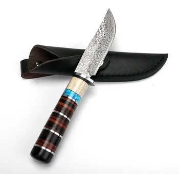 Damaske modelio plieno Medžioklės peilis Fiksuotais Ašmenimis Peilis Odos rankena Taktinis Peilis Lauko kempingas išgyvenimo Peiliai dovana