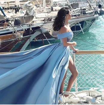Dangus Mėlynas Musulmonų Bridesmaid Dresses 2020-line Bžūp Rankovėmis Ritininės Seksualus Oficialų Islamo Dubajus Kaftan Saudo arabų Ilgai Promenadzie Suknelė
