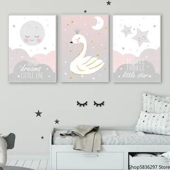 Darželio Plakato Spauda Animacinių Filmų, Plakatų Ir Grafikos Swan Žvaigždės, Mėnulis Drobė Menas Spausdinti Nordico Sienos Nuotraukas Baby Girl Kambario Dekoro
