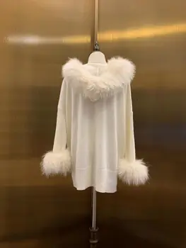 DEAT 2020 naujas žiemos mados moterų drabužiai gobtuvu kailių apykaklės užtrauktukas mezgimo prarasti baltos spalvos šiltas megztinis moteriška viršuje WO62400L