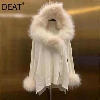 DEAT 2020 naujas žiemos mados moterų drabužiai gobtuvu kailių apykaklės užtrauktukas mezgimo prarasti baltos spalvos šiltas megztinis moteriška viršuje WO62400L