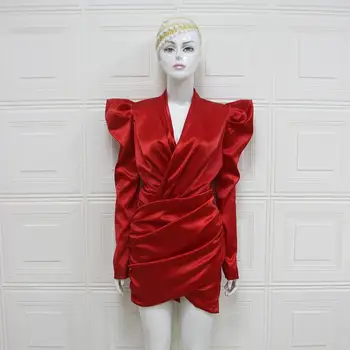 Deiveteger nauja raudona satino wrap plungės suknelė Gilia kaklo, ilgomis rankovėmis žiemos šalies moterų suknelė naujųjų metų klubas suknelė 8230