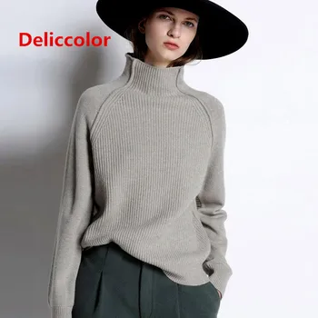 DELICCOLOR pavasarį naują stiliaus megztinis Victoria Beckham aukštos apykaklės megztinis golfo moterų laisvas megztinis tingus vėjas Plius Dydis