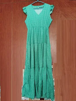 Derliaus elegantiškas moterų suknelė Vasaros sexy v kaklo, pynimas rankovės spausdinti maxi suknelė Žalia mėlyna raudona Panele paplūdimio atostogų suknelė