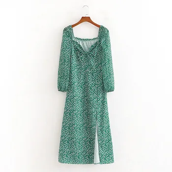 Derliaus Ilgomis Rankovėmis Green Print Suknelė 