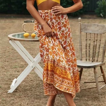 Derliaus prašmatnus vasaros mados Hipių moterų geltona gėlių povas spausdinti paplūdimio Bohemijos Maxi sijonai Ponios viskozė Boho Sijonai
