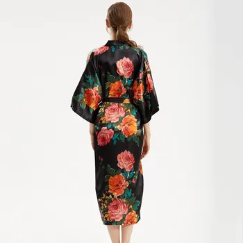 Didelio Dydžio Satino Chalatas, Spausdintų Gėlių Moterų Chalatas Sleepwear Nuotakos Prarasti Kimono Vonia Suknelė Seksualus Naktiniai Drabužiai Ilgai Viskozė Pižamą