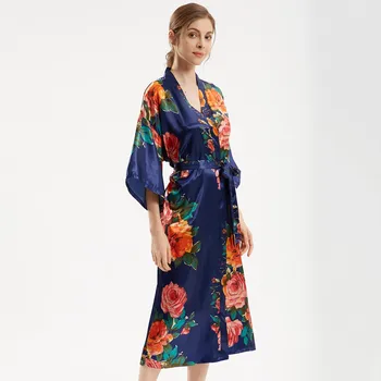 Didelio Dydžio Satino Chalatas, Spausdintų Gėlių Moterų Chalatas Sleepwear Nuotakos Prarasti Kimono Vonia Suknelė Seksualus Naktiniai Drabužiai Ilgai Viskozė Pižamą