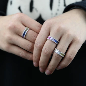 Didmeninė Moterys Juostos Žiedas su Sidabro padengtą kelių spalvų cirkonis vestuvių vaivorykštė cz žiedas Asfaltuotas spalvinga visą cz krauti žiedus