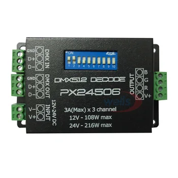 Didmeninė PX24506 DMX512 3CH Dekoderis Vairuotojo Stiprintuvas RGB Valdiklis 5050 3528 RGB LED Juostos Šviesos Lempos,DC12V-24V