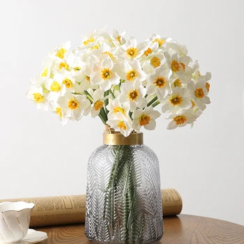 Dirbtinių gėlių puokštė aukštos kokybės narcizas baltos spalvos šilko netikrą gėlės, vestuvių namų dekoro priedai dirbtiniais gėlės
