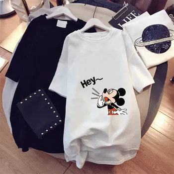 Disney Cartroon Vasaros trumparankoviai marškinėliai Mickey Mouse Moterų Prarasti Dugno Marškinėliai Atsitiktinis Moterų Streetwear Femme Tee Viršūnės
