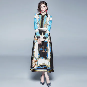 Dizainerių Suknelės kilimo ir tūpimo Tako atsitiktinis moterų Derliaus Colorblock Grandinės Geometrinis Spausdinti Plonas Aukštos Juosmens kratinys spalvos suknelė