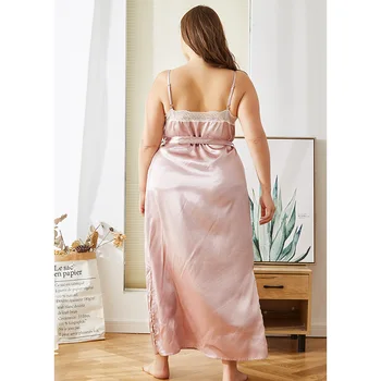 DOIB Didelio Dydžio Sleepwear Moterų Rožinės spalvos Dirbtiniais Šilko Nėriniai Kratinys Negabaritinių Spageti Dirželis naktiniai drabužiai Plius Dydis Suknelė Pižamą