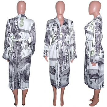 Doleris Spausdinamas Suknelė 2020 M. Rudenį Moterys Ilgomis Rankovėmis V-Kaklo Laisvi Atidaryti Dygsnio Sleepwear 